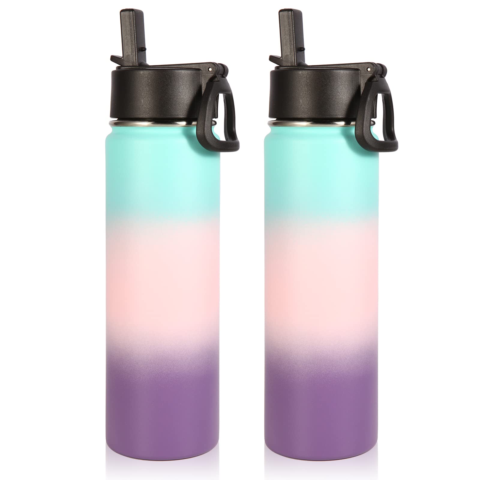 Volhoply Insulated Water Bottles with Straw 2 Pack, 660ml Stainless Steel Bottle with Handle Lid,Double Walled Metal Water Flask with Wide Mouth (Gradient Color,2 Set)
