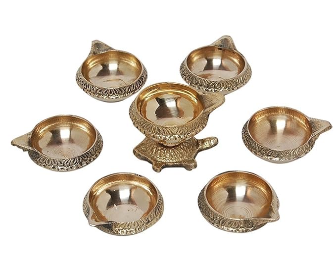 Ramneek jewels Kachhua Diya with Kuber Deep Set Diwali Pooja Item - Deepawali Lighting Brass Oil Diya Set of 7