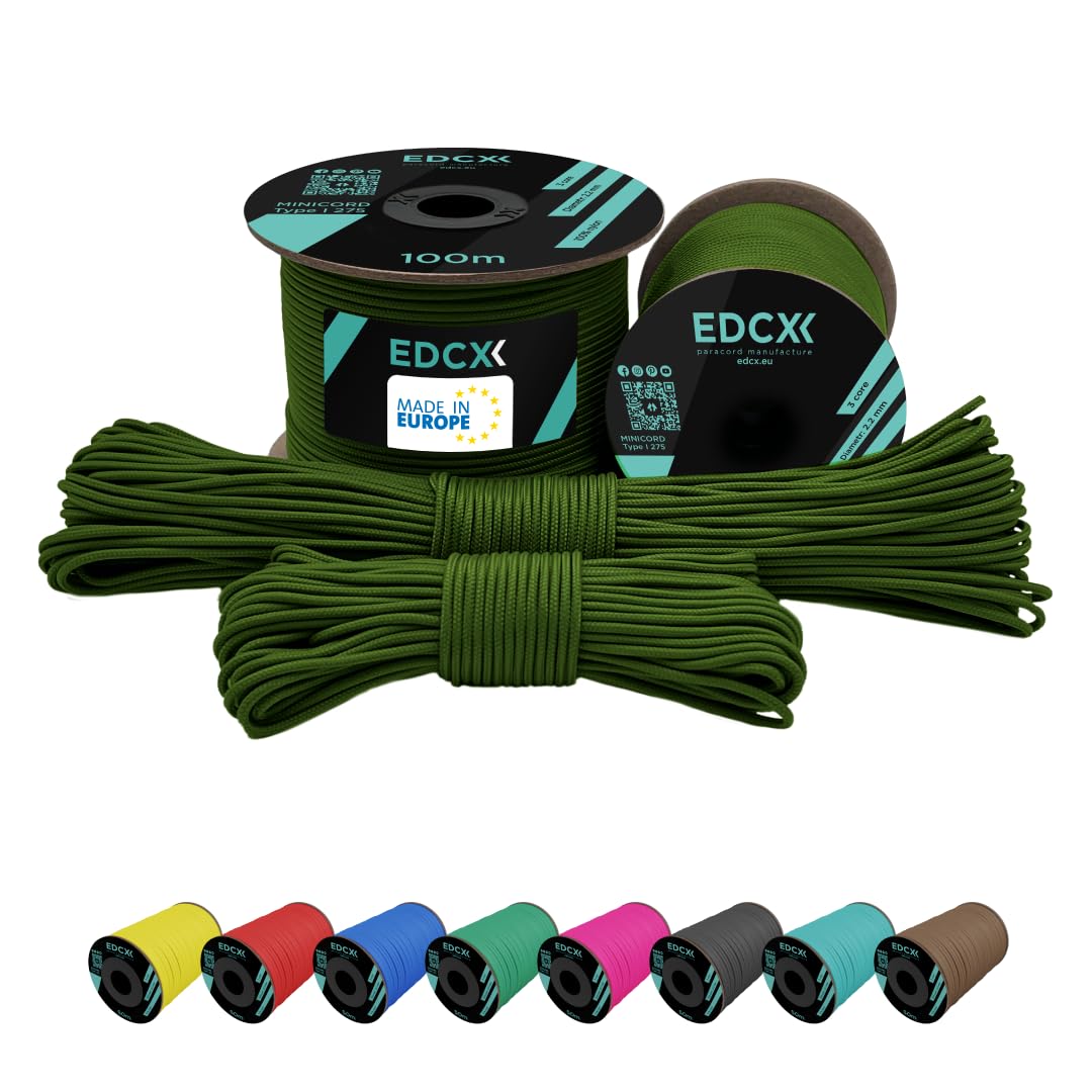 EdcX 2 mm Nylon Paracord 275 (15, 30, 50 and 100 m)– 100% Nylon rope, 3-Strand cord, Nylon cord 2 mm in Many Colours (Moss, 15 m)
