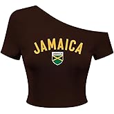 SweatyRocks Women's Jamaica One Shoulder Crop Top Short Sleeve T Shirt Letter Graphic Tee
