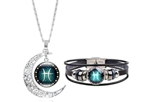Dcfywl731 Zodiac Necklace Bracelet Set for Men Gifts 12 Constellation Necklace Bracelet Weave Multilayer Leather Bracelet and Moon Pendant Necklace Christmas Jewelry Set for Women Girls Christmas Gifts