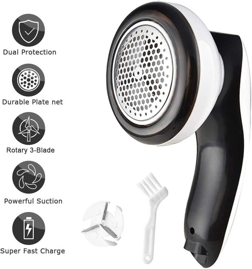 Fabric Shaver Defuzzer,Electric Lint Remover, Rechargeable Sweater Shaver with Replaceable Stainless Steel Blades, Dual Protection, Easy Remove Fuzz, Lint, Pills, Bobbles (Black)