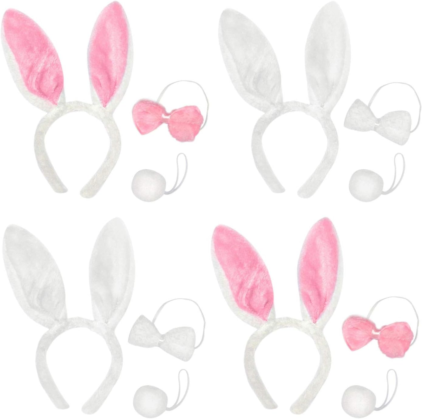 HusDow 4 Pack Easter Bunny Costume, White and Pink Rabbit Headbands Tails and Bow Ties for Easter Party Fancy Dress Costumes
