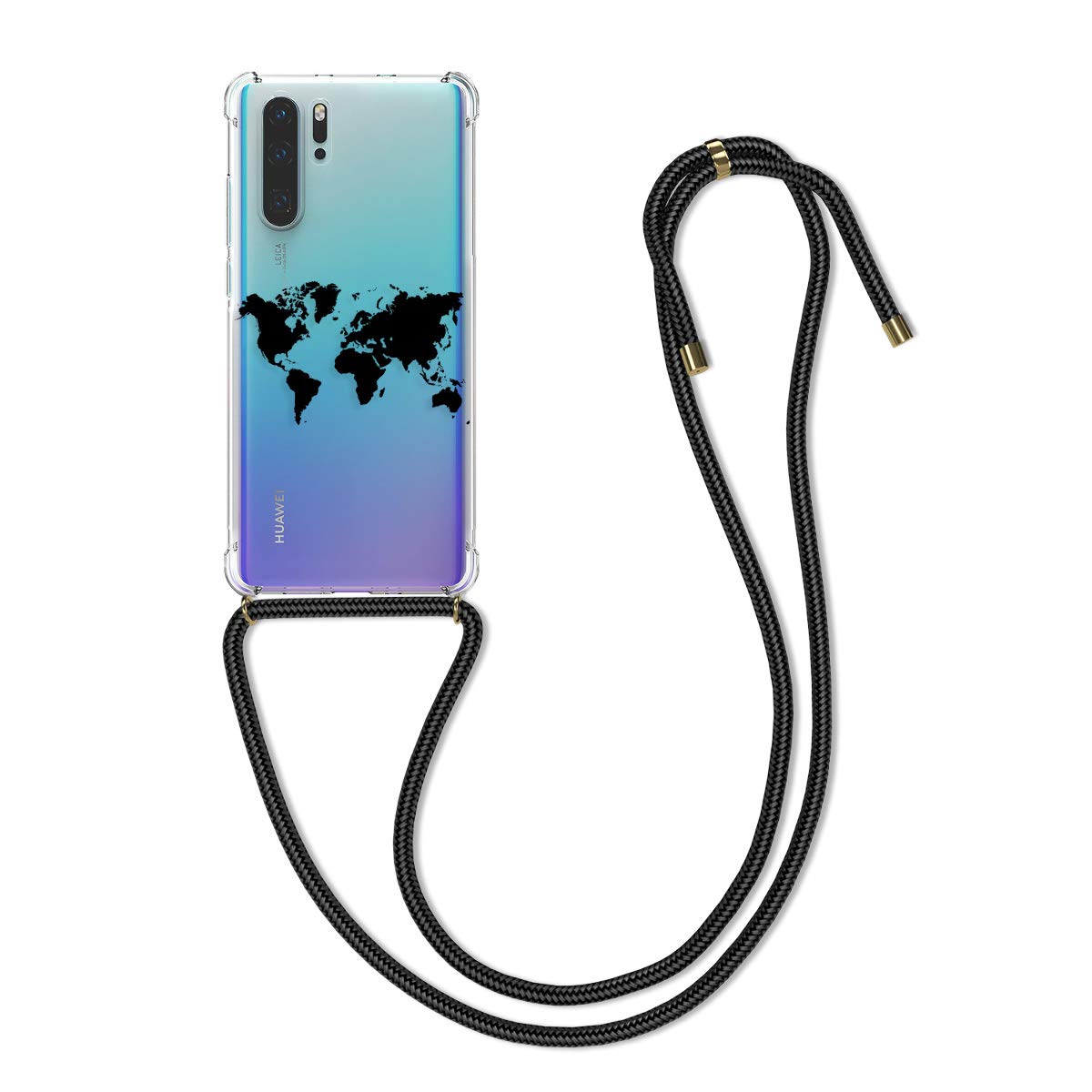 kwmobile Case Compatible with Huawei P30 Pro - Crossbody Case Clear TPU Lanyard - Travel Outline Black/Transparent
