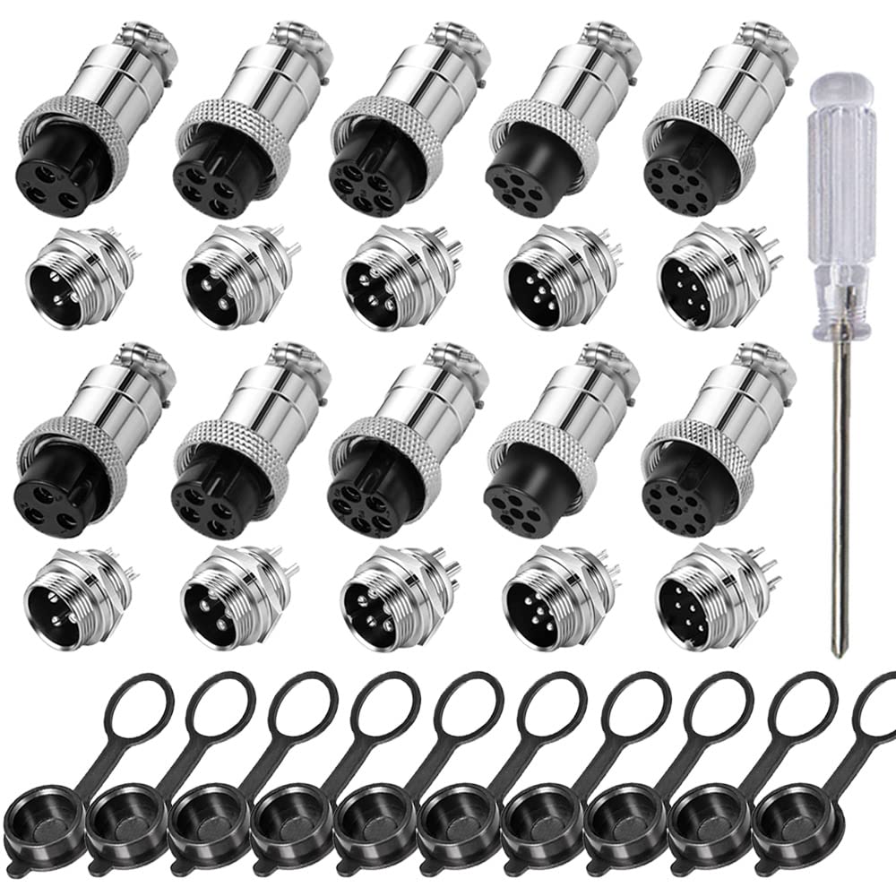 Aiqeer 10 Pcs GX16 Aviation Connector Set, 16 mm Thread Panel Metal Aviation Cable Connector, 5A Male Female Aviation Connector Plug Socket Kit, with Rubber Cap (3 Pin/4 Pin/5 Pin/6 Pin/8 Pin)