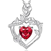 AGVANA Valentines Day Gifts Rose Birthstone Necklace for Women Sterling Silver Rose Flower Heart Necklace Fine Jewelry Anniversary Birthday Gifts for Women Wife Mom Her, Length: 18"+2"