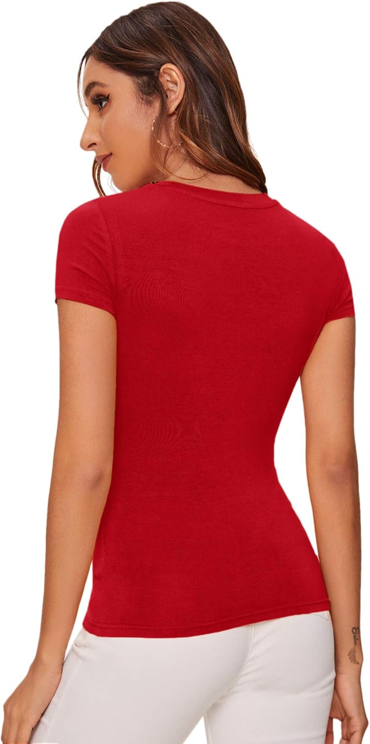 SheIn Women's Solid Basic Tee Round Neck Short Sleeve Slim Fit T-Shirt Tops at  Women’s Clothing store