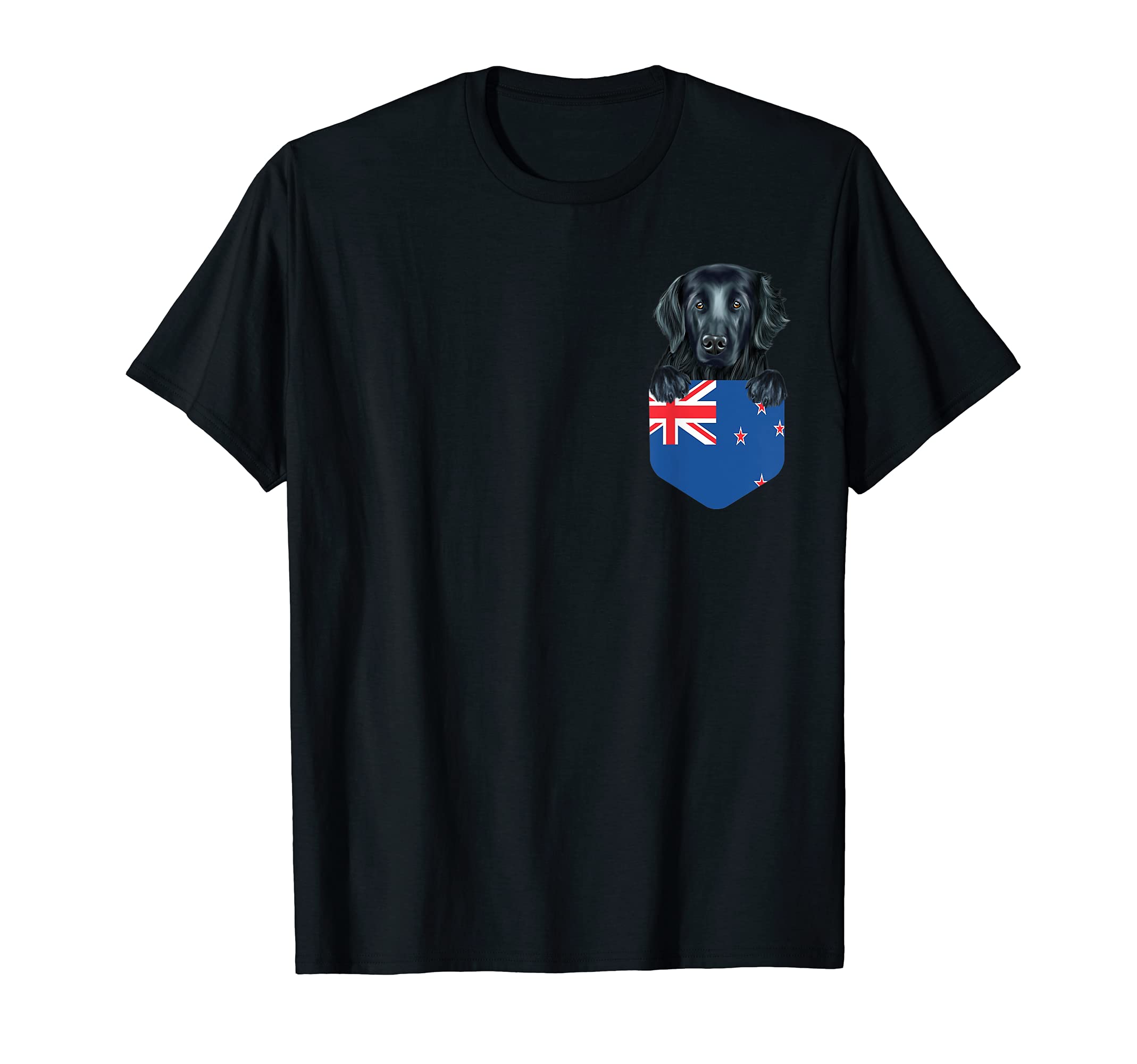 New Zealand Flag Flat-Coated Retriever Dog In Pocket T-Shirt
