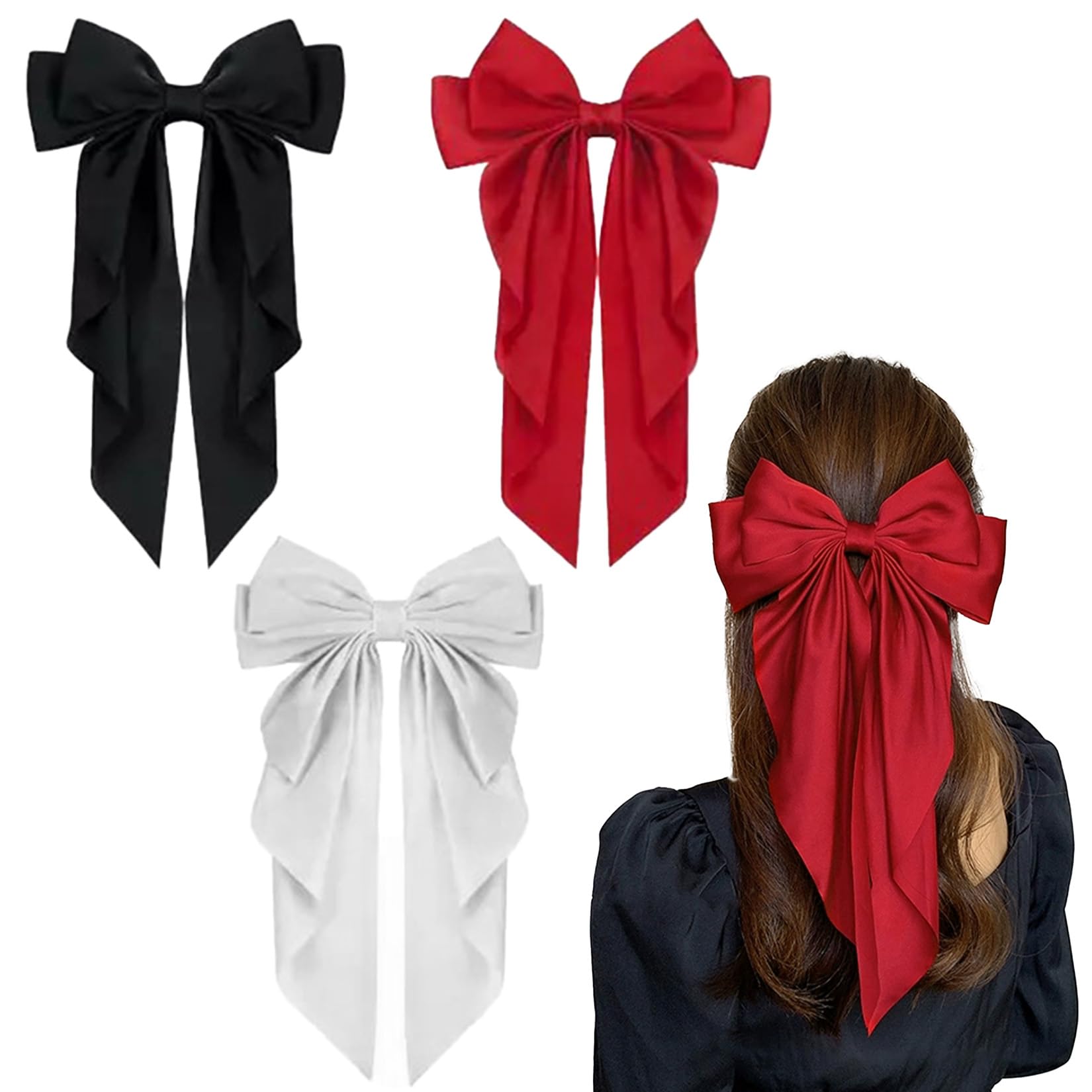 Ewwtrey 3 Pcs Hair Bows, Red White Black Bow Hair Clips for Women Girls Hairs Bows Barrettes, Silky Satin French Big Bowknot Hairpin Ribbon, Solid Color Hairs Accessories