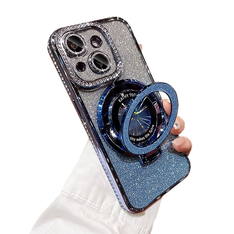 QQicea Bling Glitter Phone Case Compatible with iPhone 15 Plus, Kickstand Camera Lens Protector Soft Cover Sparkling Rhinestone Case (Blue)