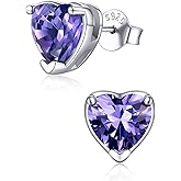 ChicSilver 925 Sterling Silver Birthstone Earrings for Women, 8MM/2 Carat Heart, Round & Princess Cut CZ Stud Earrings, Hypoallergenic Jewelry, Ideal Birthday or Christmas Gifts