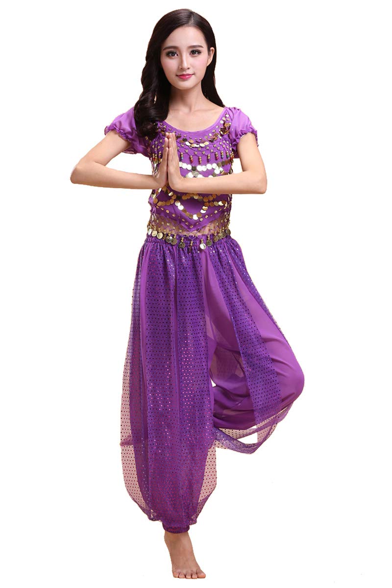 Grouptap Bollywood indian plus size bharatanatyam belly dance 2-piece costume dress outfit set for womens girls (170-180cm, 60-90kg, Purple)