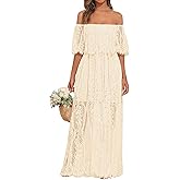 Holipick Women's Off Shoulder Lace Maxi Dress Boho Wedding Guest Bridesmaid Beach Formal Long Dress