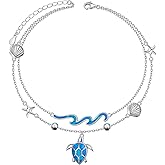 Ladytree 925 Sterling Silver Turtle Starfish Ocean Wave Anklet for Women Adjustable 9+2 Inch Beach Shell Ankle Jewelry with Created Blue Opal