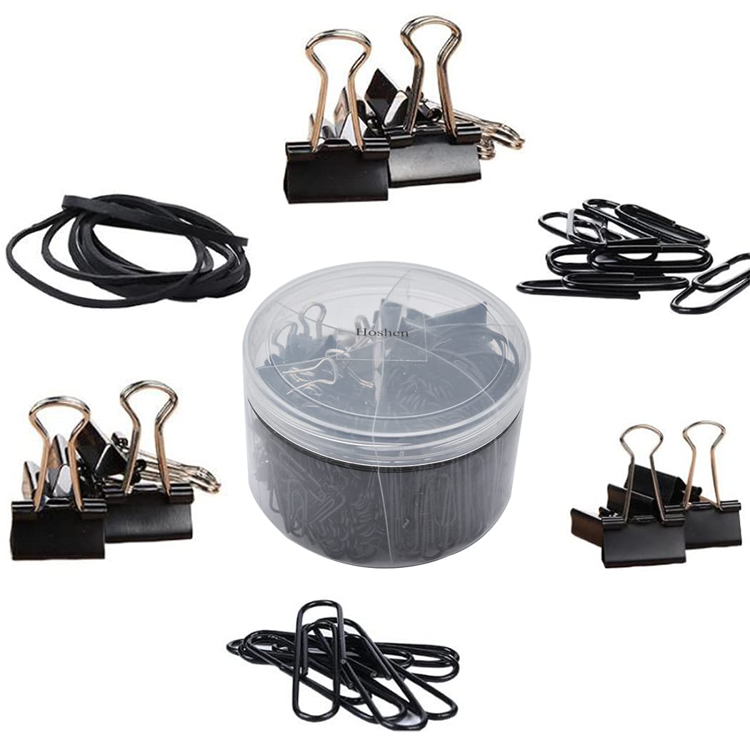 Hoshen 240PCS Black Office Binder Paper Clip Set，28mm/50mm Paper Plips, 15mm/19mm/25mm Large, Medium and Small Binders, Office Paper Clips and Elastic Rubber Bands