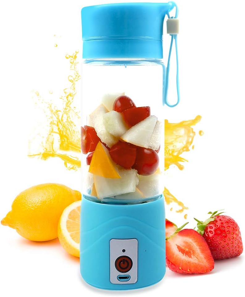 Vech Portable Blender, Electric USB Personal Smoothie Blender, Small Travel Fruit Mixing Machine Juicer Cup with 13OZ Glass Bottle - Single Serve Shake Mixer for Home Outdoor Travel Office (Blue)