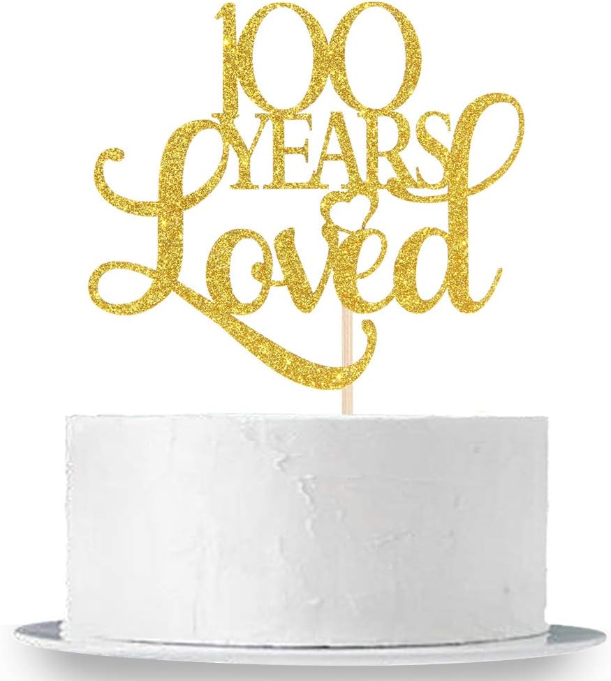 INNORU Gold Glitter 100 Years Loved Cake Topper for 100th Birthday, 100th Wedding Anniversary Party Cake Decorations