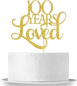 INNORU Gold Glitter 100 Years Loved Cake Topper for 100th Birthday, 100th Wedding Anniversary Party Cake Decorations