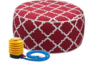 IN4 Care Outdoor/Indoor Inflatable Ottoman Pouf D20 xH9, All Weather Round Footstool with Foot Pump, Water Repellent Portable Footrest with Handle for Patio Garden Camping Travel-Red Geometry