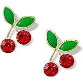 TIANHONGYAN Red Cherry Stud Earrings for Women 3D Green Leaf CZ Crystal Ruby Cherries Earring Summer Fruit Jewelry Gifts