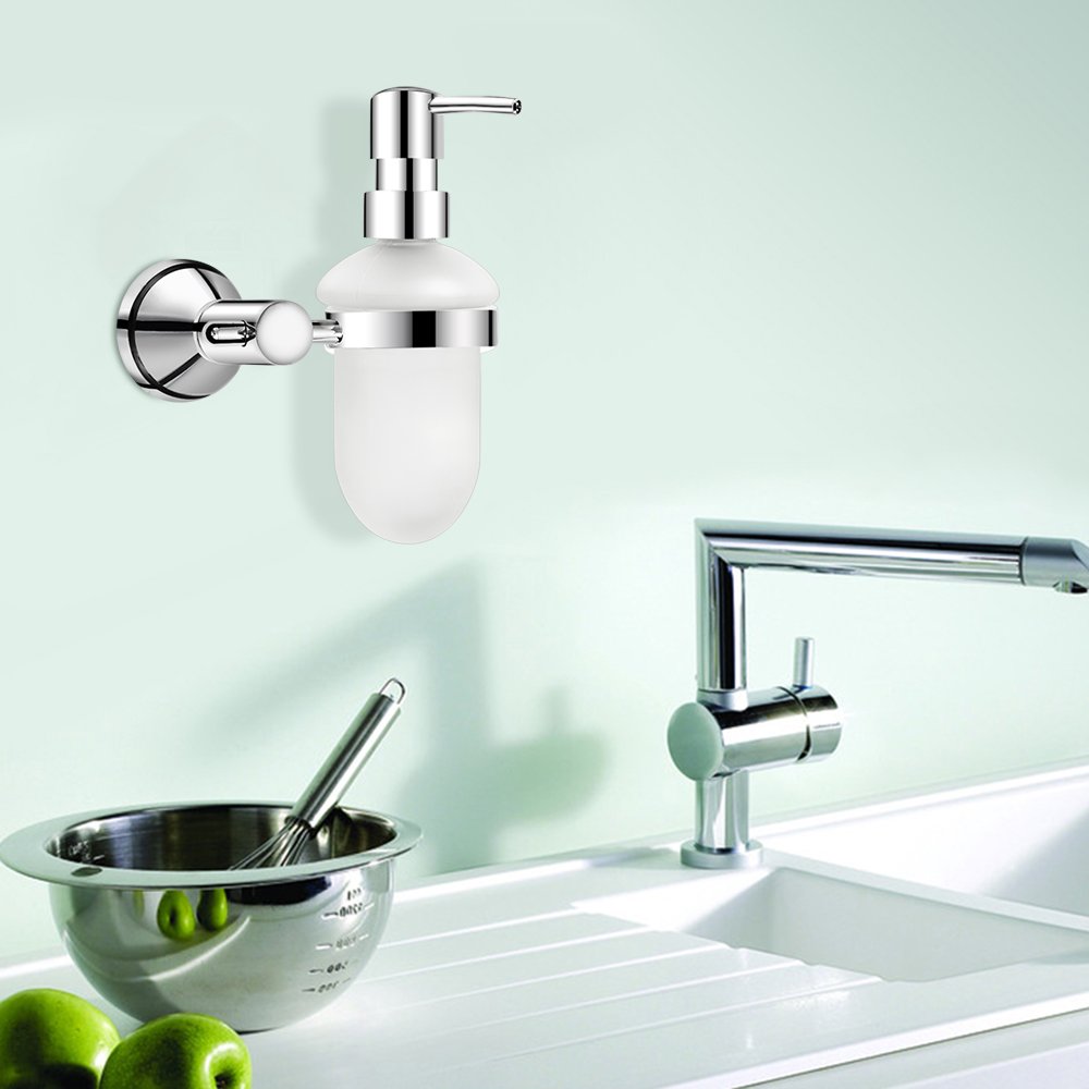 Dreamsbaku Wall Mounted Kicht Bathroom Soap Dispenser glass Bottle with Pump Head Cooper chrom