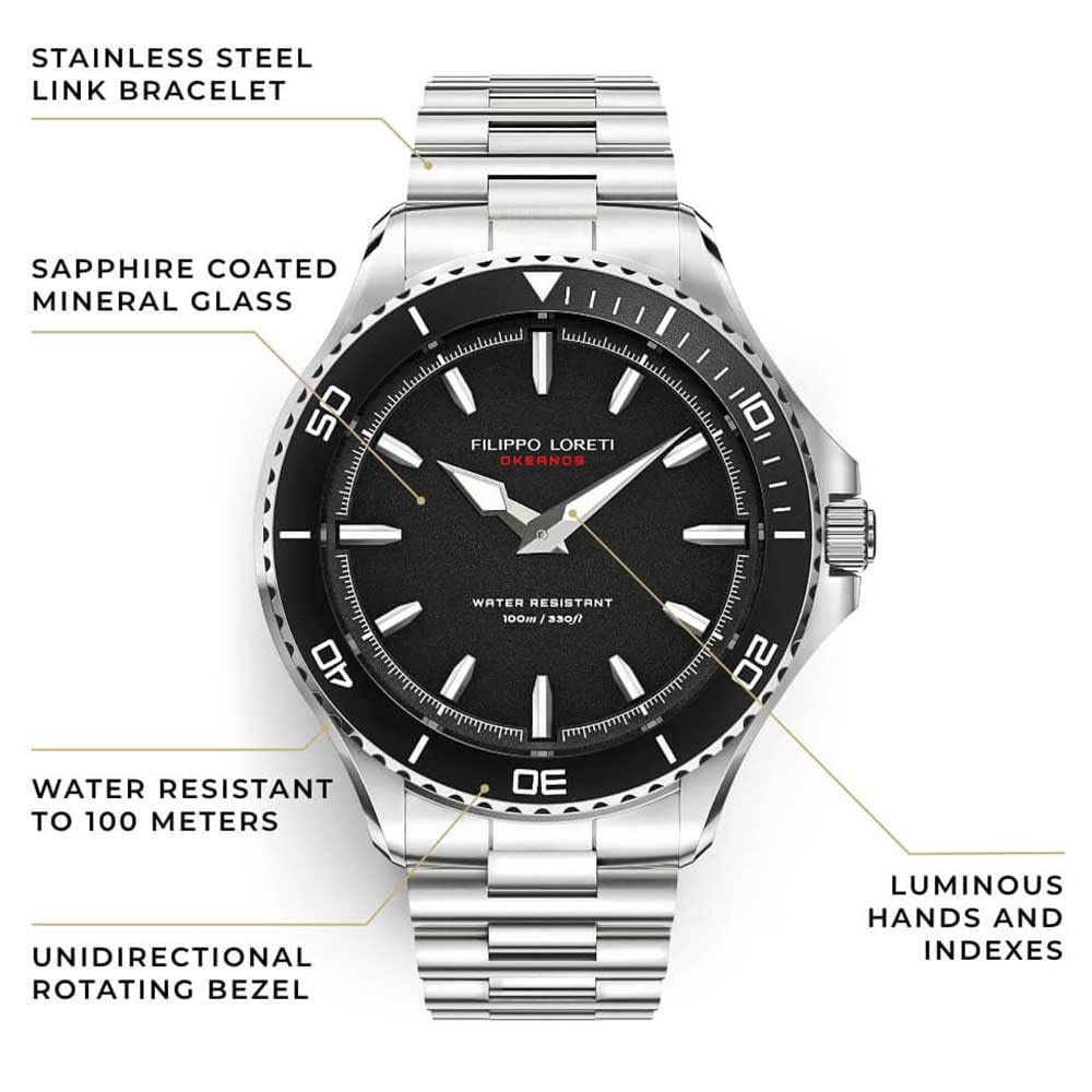 Filippo LORETI Okeanos Men’s Dive Watch, Italian Design Men’s Wrist Watch, Stainless Steel 42mm 100M Water Resistant, Sapphire Glass Watch for Men, Miyota Movement, Black Dial