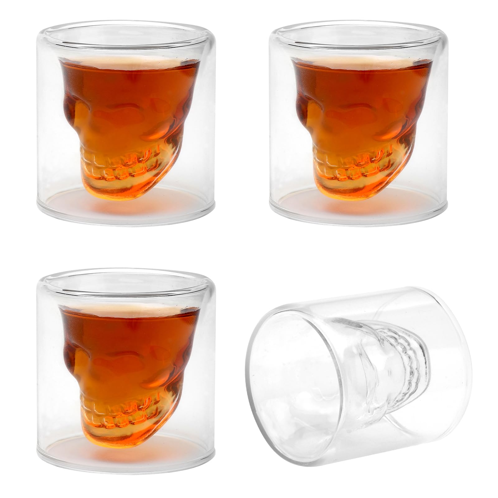 DAWRIS Crystal Skull Shot Glasses Set of 4, Double Layer Skull Glass Cup 20ML Funny Crystal Drinking Cup Whiskey Glasses Cool Beer Cup for Wine Cocktail Vodka Tequila
