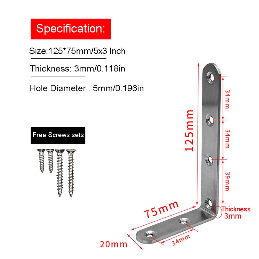 SANSUM Stainless Steel Shelf Brackets 5x3 inch 6Pcs L Shape Corner Brace Bracket Joint Angle Fastener Shelving Bookshelf Wall Mounted