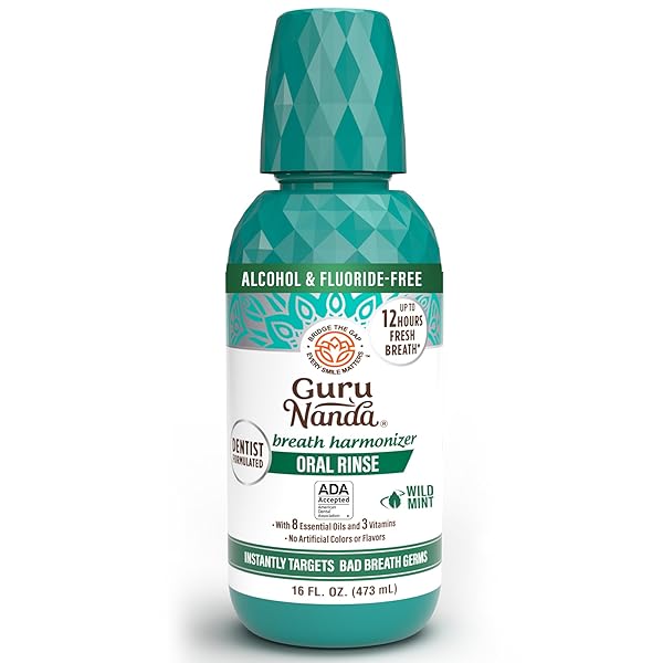 GURUNANDA ORAL RINSE FRESH BREATH MOUTHWASH, ADA-ACCEPTED ALCOHOL-FREE MOUTHWASH, 7 ESSENTIAL OILS & VITAMINS, SLS & FLOURIDE-FREE, WILD MINT, 16 OZ