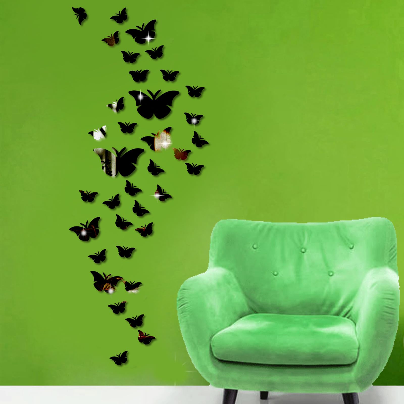 Butterfly Mirror Wall Stickers, 36pcs Acrylic 3D Wall Art Stickers Mirror Stickers for Living Room Bedroom Office B Style Cute (Black)