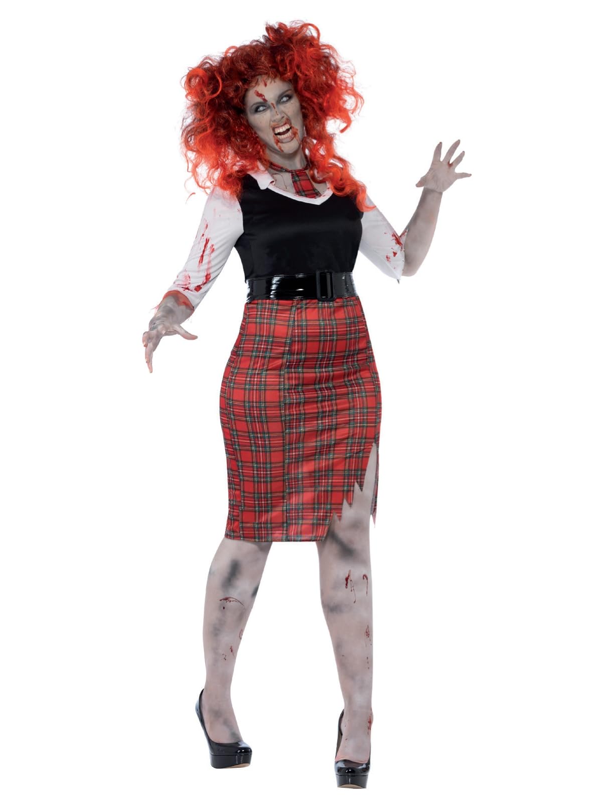 Smiffys Curves Zombie School Girl Costume, Black with Dress, Tie & Belt, Halloween Zombie Alley Fancy Dress, Zombie Dress Up Costumes