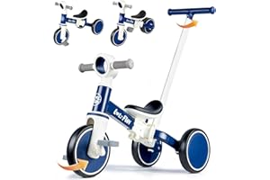 LOL-FUN 5 in 1 Toddler Tricycles for 1-3 Year Olds Boys Girls Toy with Parent Steering Push Handle, Baby Balance Bike 1 Year Old Kids Gift