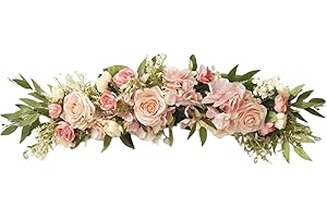 Firlar 25.6 Inch Artificial Peony Roses Flower Swag, Faux Flowers Arch Simulation Door Lintel, Fake Green Leaves and Silk Flowers Wreath for Home Room Garden Wedding Arch Front Door Wall Decor, Pink