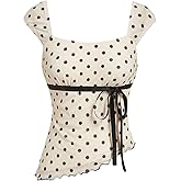 GORGLITTER Women's Polka Dots Y2k Tops Crop Bow Tie Front Square Neck Cap Sleeve Mesh T Shirt Coquette Clothes