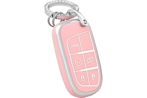 OFFCURVE Key Fob Cover with Keychain for Jeep Dodge, Soft TPU Protection Key Cover Case for Jeep Grand Cherokee Renegade Chrysler 200 300 Dodge Journey Fiat Durango Challenger Smart Key Holder, Pink