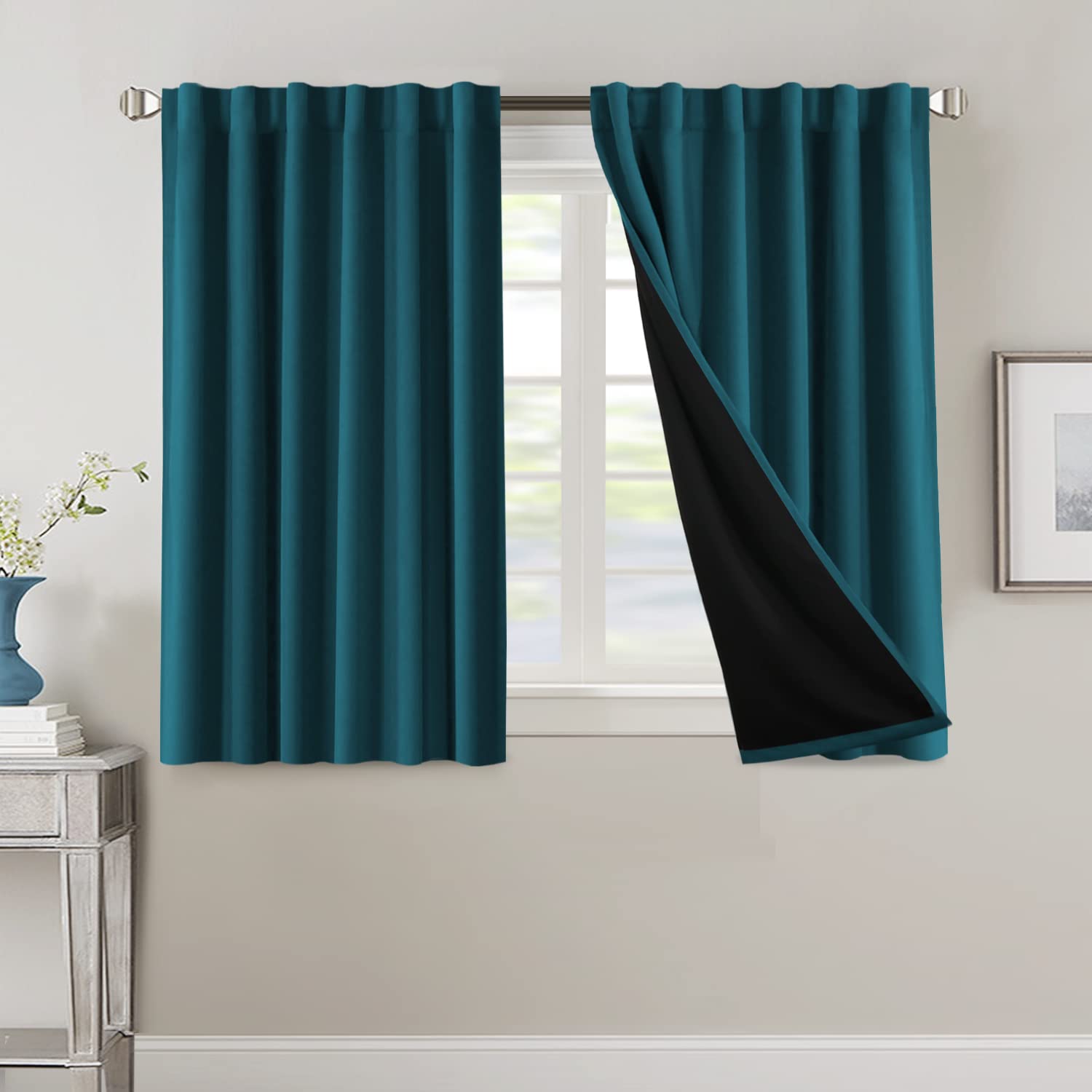 Photo 1 of H.VERSAILTEX 100% Blackout Curtains for Bedroom with Black Liner Full Room Darkening Curtains 45 Inches Long Thermal Insulated Back Tab/Rod Pocket Window Drapes for Living Room, 2 Panels, Dark Teal