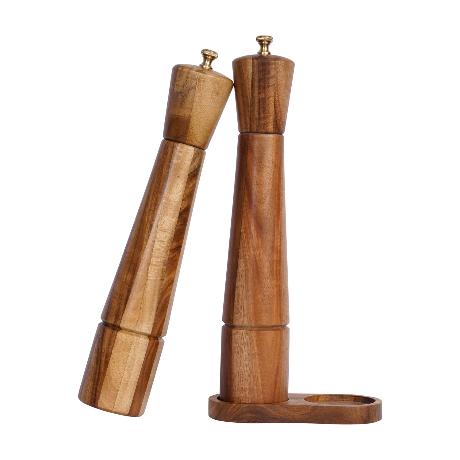 DeroTeno Salt and Pepper Mill Set with Tray, Adjustable Ceramic Grinder Salt Mill, Stainless Steel Grinder Pepper Mill, Acacia Wood, 32 cm Height, Bottom Dia 6 cm (Tray is Included)