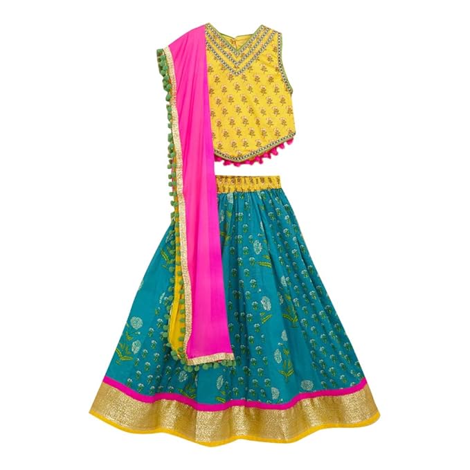 Kids Chakra By Hopscotch Girls Cotton Sleeveless Floral Print Lehengas And Blouses Set With Dupatta in Blue Color