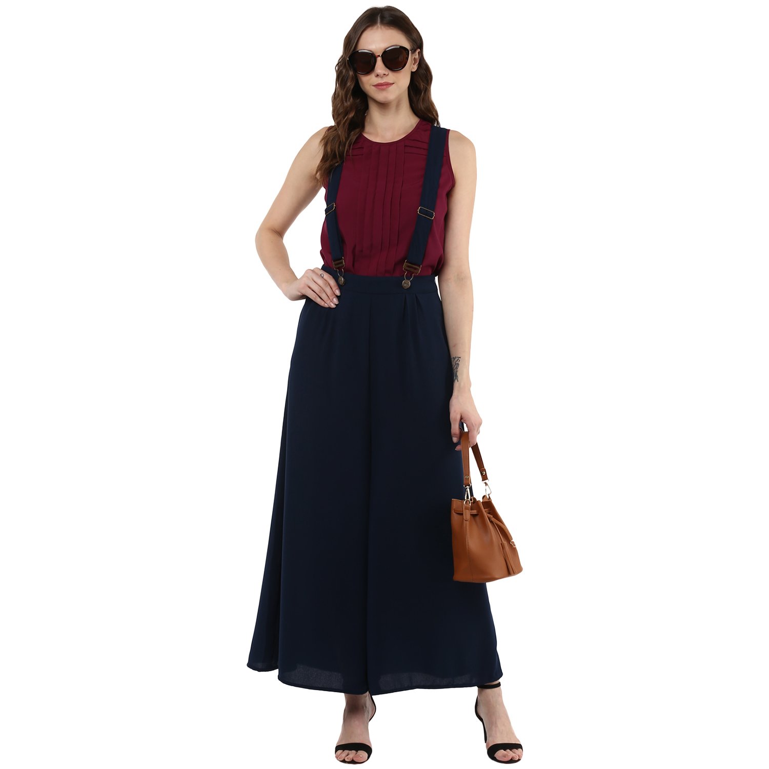 bohobi women's navy blue ankle length dungaree