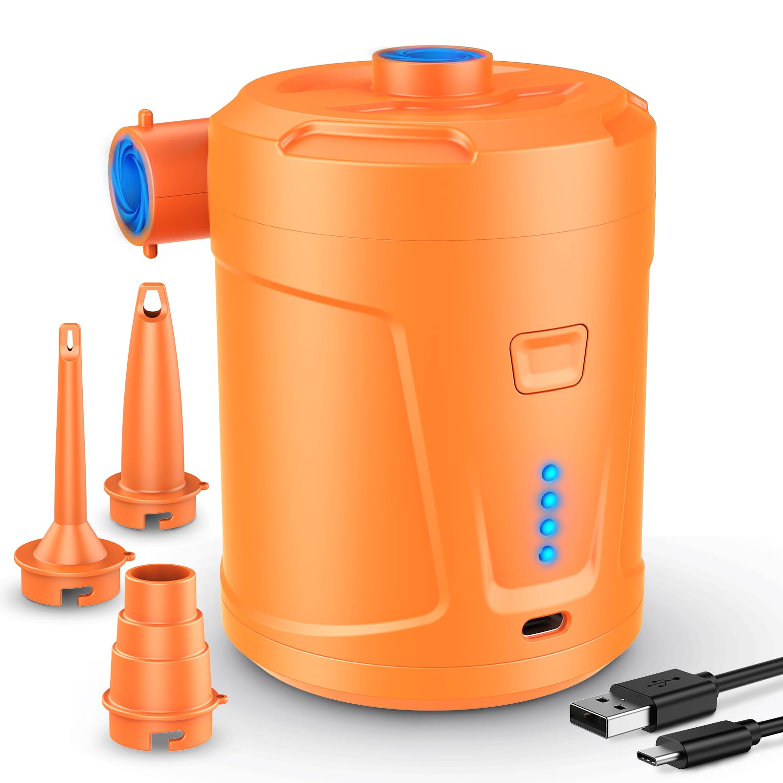 SUPPOU 5200mAh Portable Electric Air Pump (Orange), Fast Inflating/Deflating, Rechargeable, 3 Nozzles for Pool, Airbed, Boat