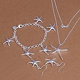 MANDI HOME Wedding Fashion 925 Silver Plated Jewelry Set Hand Chain Bracelet Necklace Earings Eardrop Middle Starfish