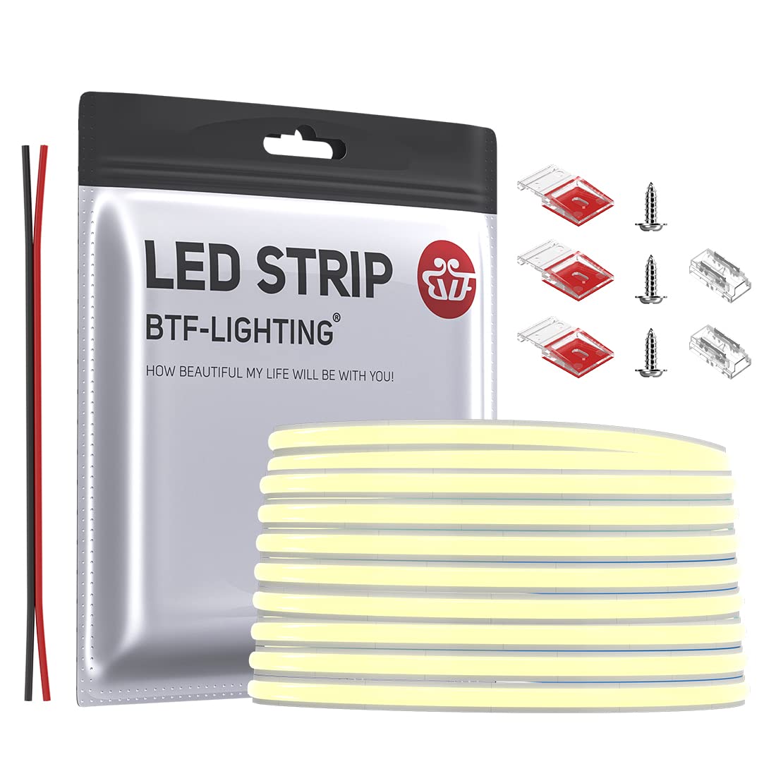 BTF-LIGHTING FCOB COB Natural White 4000K Flexible High Density Light Dimmable LED Strip CRI90+ 5M 480LEDs/m 2400LEDs DC12V 10W/M 5mm Width Flexible FOB LED Strip for DIY Indoor Lighting Projects