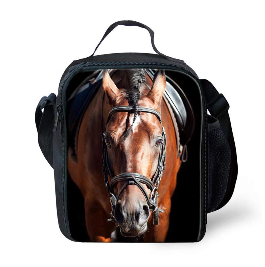 Leberna 3D Print Animal Insulated Lunch Bag with Bottle Holder Adjustable Strap for Kids Horse
