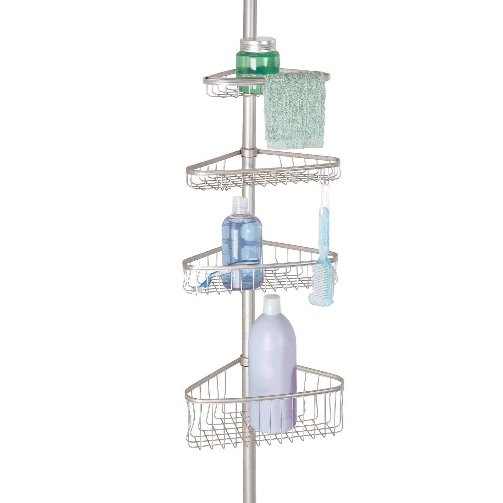 mDesign Constant Tension Shower Caddy - Steel Shower Caddy - No Drill Corner Shower Shelves with Towel Bar & Hooks - Ideal for Shampoo, Razors & Other Accessories - Matte Silver