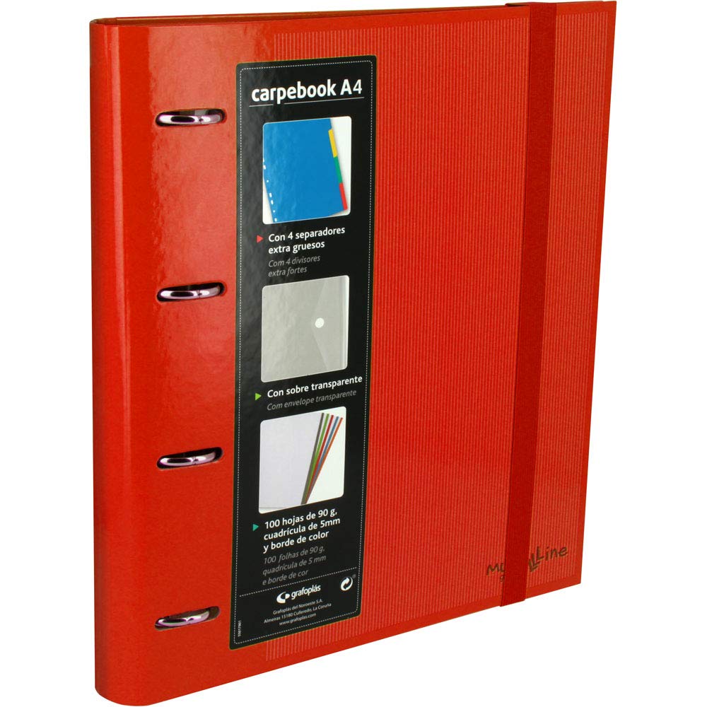 Grafoplás 88102051 Folder 4 Rings Punched A4 with Transparent Envelope, 4 Dividers and 100 Sheets, Red, 4 Rings of 35 mm, Rubber Closure, Carpebook Multiline