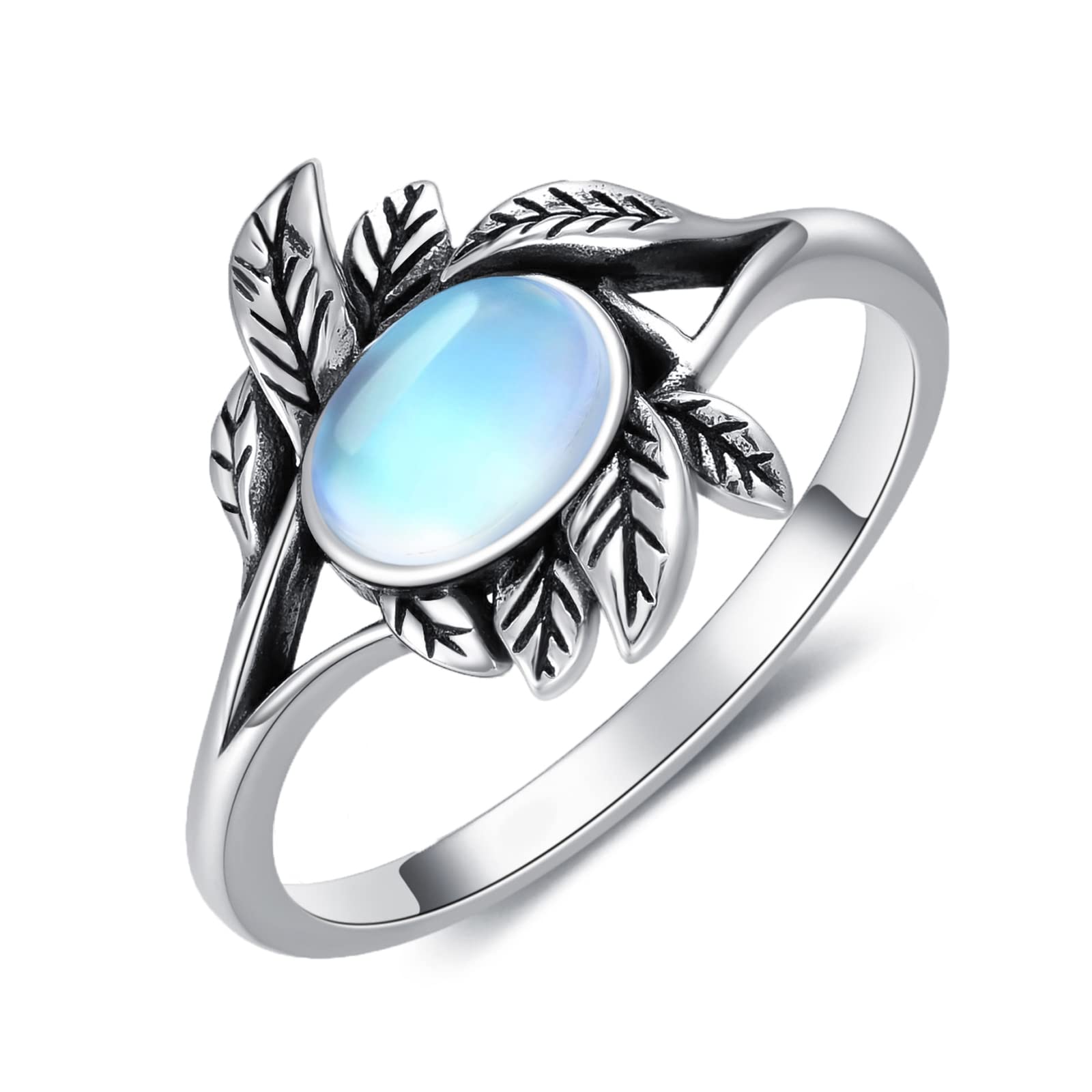 VENACOLY Moonstone Rings Sterling Silver Olive Leaf Band Rings Mother's Day Jewellery Birthday for Women Mum Her Size Q