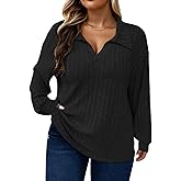 ROSRISS Plus Size Tops for Women Casual Knit Sweaters Going Out Lapel V Neck T-Shirts Lightweight Long Sleeve Blouses
