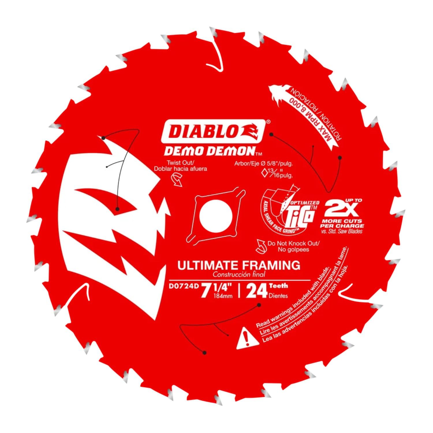 Hoja de sierra para marcos/demolición Diablo Demo Demon con revestimiento Perma-Shield - Carburo Dura-Blend - 7-1/4 x 24 dientes - D0724DA