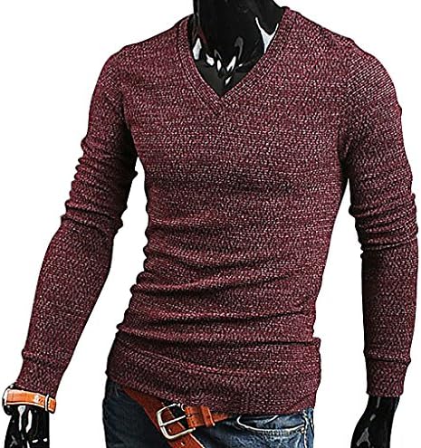 Tophaz Men's Stylish Slim Knitted Basic V Neck Sweater Thin Pullover SW06, Red Large