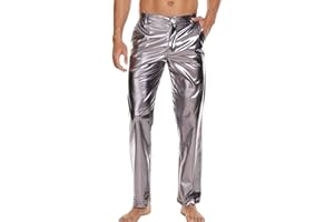 RUFEUD Mens Metallic Shiny Disco Pants, Wet Look Party Dance Straight Leg Trousers, 70s/80s Festival Rave Cosplay Leather Pants